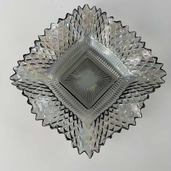 Iridescent Smokey Grey Carnival Glass Square Diamond Design Saw Tooth Edge Dish - Picture 4 of 10